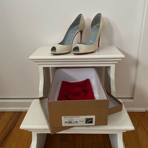 Christian Louboutin White Satin Peep Toe Heels